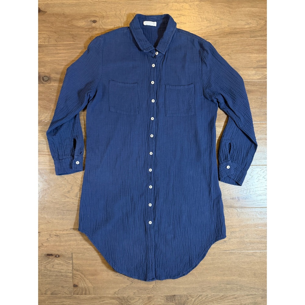 4our Dreamers Navy Blue Cotton Double Gauze Button Down Shirt‎ Dress Tunic Small